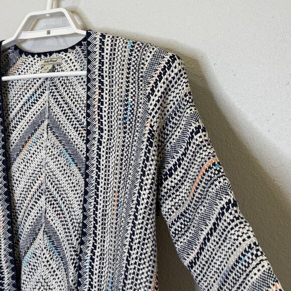 Lucky Brand Pottery Open Front Sweater Cardigan Womens Sz Small Blue Cream Knit - Picture 2 of 6
